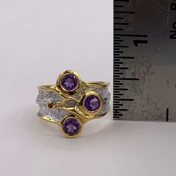 NWOT, solid sterling 925 ring with 22 K gold, real amethyst, wide band, texture - Picture 6 of 15